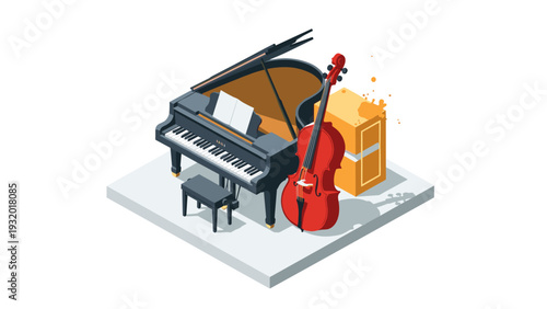 Elegant musical setup featuring grand piano and cello in isometric design