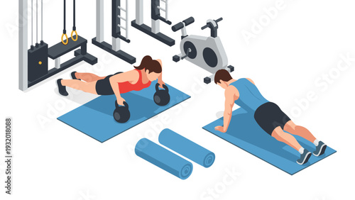 Isometric home workout scene with kettlebells and exercise mats