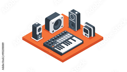Isometric musical equipment setup with keyboard and speakers