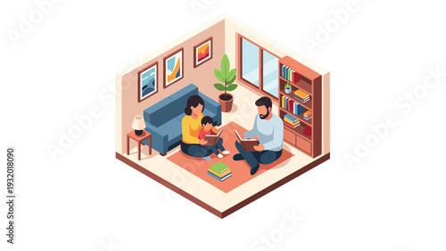 Family reading time in cozy isometric living room