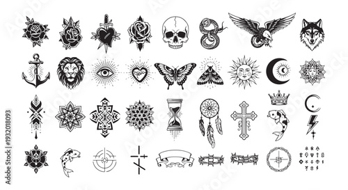 Traditional Tattoo Flash Vector Set, Black Ink Rose Skull Snake Moth Lion Eagle Wolf Sacred Symbols Collection