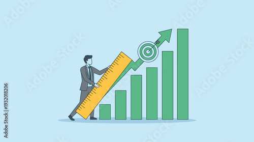 Professional Businessman Measuring Rising Green Bar Graph with Large Ruler, Upward Arrow Hitting Target Bullseye, Concept of Business Growth, Success, Achievement, Performance Tracking and KPIs.