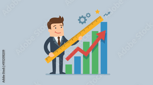 Businessman Measuring Business Growth with a Large Ruler on a Rising Bar Chart with an Upward Arrow, Concept of Success, Achievement, Financial Progress, and Data Analysis Flat Vector Illustration.