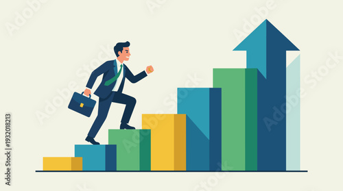 Ambitious businessman in a suit climbing up a rising bar chart with an arrow, symbolizing career advancement, financial growth, leadership success, professional achievement, and corporate goals