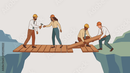 Diverse business team building a wooden bridge over a cliff gap. Professionals in hard hats collaborating to overcome challenges. Concept of teamwork, mutual assistance, and strategic partnership.