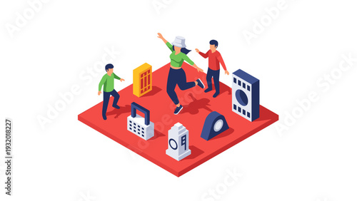 Isometric young people enjoying dance among gadgets on 3d platform