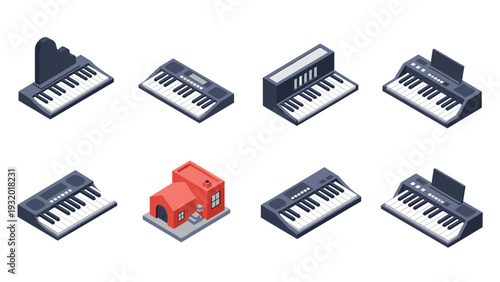 Isometric musical keyboards and red house collection on white background