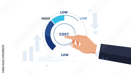 Businessman Hand Turning Cost Dial to Low Position for Cost Reduction Management Concept. Vector Illustration of Financial Optimization, Expense Control, and Budget Savings Strategy for Success.