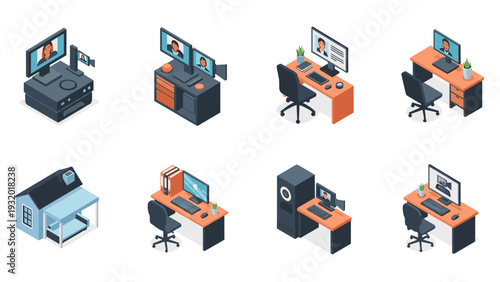 Isometric home office setup with computers and desks in modern workspace