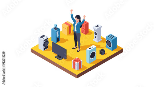 Enthusiastic shopper surrounded by modern home appliances on isometric platform