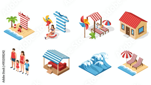 Isometric beach elements: family vacation, cabana, waves, and sun loungers