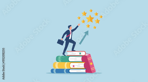 Businessman Climbing a Stack of Books to Reach for the Stars, Concept of Knowledge as a Foundation for Career Success, Professional Growth, Education, Ambition, and Achieving High Goals