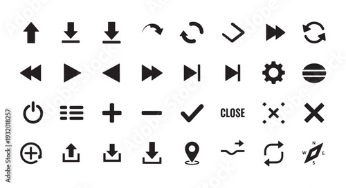 Black UI Icons Pack — Media Controls, Navigation Arrows, Settings, Playback and Interface Symbols
