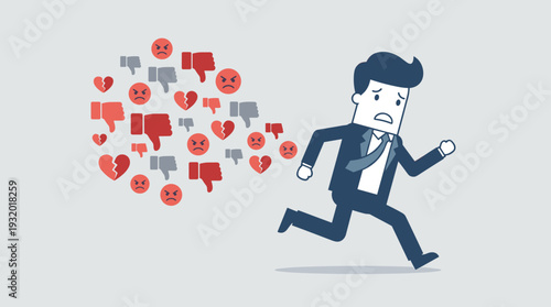 Businessman running away from a cloud of negative social media icons like thumbs down, angry faces, and broken hearts. Concept of online criticism, cyberbullying, and reputation management.
