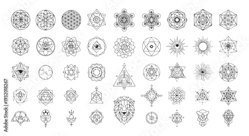 Sacred Geometry Line Art Set of Mandalas, Symbols and Spiritual Geometric Icons for Design