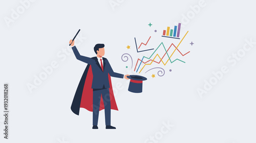 Professional businessman magician using a magic wand to pull colorful growth charts and financial data graphs from a top hat, representing creative business strategies and market success.