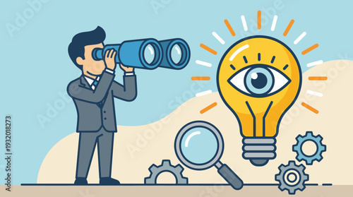 Businessman with Binoculars Looking at Glowing Lightbulb with Eye, Concept of Creative Idea, Business Vision, Innovation, Strategic Insight, Discovery, and Searching for New Opportunities.