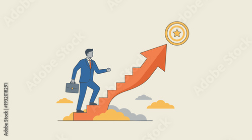 Career Growth and Success Concept with a Businessman Walking Up a Rising Arrow Stairway to Reach a Higher Target Star, Symbolizing Professional Achievement, Ambition, and Business Development.