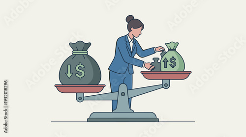 Businesswoman balancing debt and income money bags on a scale. Large grey bag with down arrow and small green bag with up arrow. Financial management, budget planning, and fiscal stability concept.