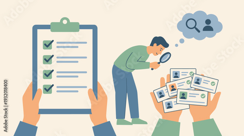 Recruitment and Hiring Concept Illustration with Human Resources Manager Using Magnifying Glass to Search for Best Candidate Resumes and Checking Checklist on Clipboard for Talent Acquisition.