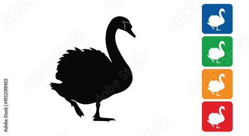 A black swan silhouette stands beside colored icon variations.