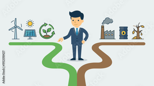 Businessman at a crossroads choosing between sustainable green economy with renewable energy icons like wind turbines and solar panels versus industrial pollution, oil, and factory smoke.