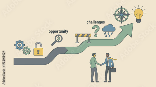 Business Growth Strategy Concept Illustration with Path to Success, Overcoming Challenges, Finding Opportunities, Partnership Handshake, Innovation Lightbulb, and Navigation Compass Symbols.