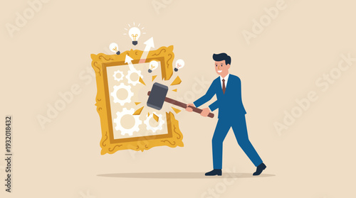 Businessman Breaking Traditional Frame with Hammer to Find New Opportunities and Innovation, Creative Thinking Concept for Business Disruption, Solution, and Growth in Flat Vector Style