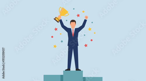 Successful businessman in a suit standing on a winner's podium holding a gold trophy cup, celebrating career achievement, leadership, and professional victory with stars and confetti.