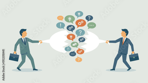 Two businessmen pulling a large speech bubble apart to reveal a burst of colorful icons including lightbulbs, gears, and question marks, representing brainstorming, innovation, and creative ideas.