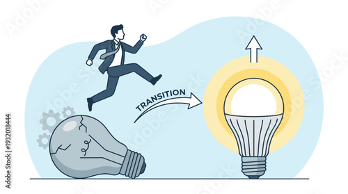 Businessman jumping from an old broken lightbulb to a new glowing LED bulb, representing transition, innovation, and change management in business strategy, creative thinking, and progress.