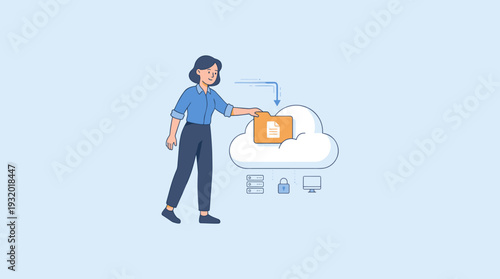 Woman Putting Folder on Cloud, Concept of Internet Hosting, Online Service for File Management, Digital Storage, Data Backup, Network Security, and Information Technology Vector Illustration.