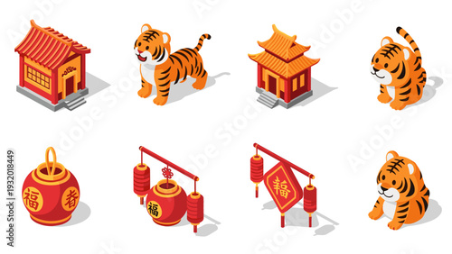 Isometric chinese new year symbols: tigers, lanterns, and traditional architecture