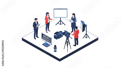 Isometric media production scene with cameramen and presenters in a studio setting