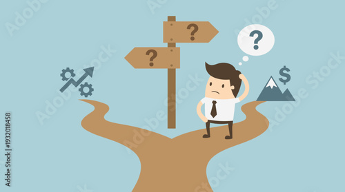 Businessman Standing at a Crossroads Making a Strategic Career Decision Choosing Between Growth and Financial Success, Concept of Direction, Choice, and Professional Path with Question Marks