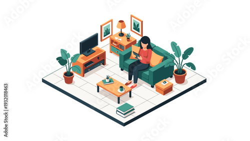 Cozy living room isometric design with woman relaxing on sofa surrounded by plants and modern furniture
