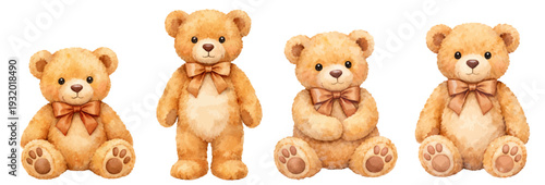 A charming watercolor collection of teddy bears, including sitting and standing poses.