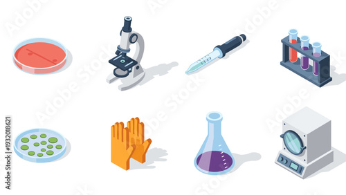 Isometric laboratory equipment set: microscope, test tubes, petri dish, protective gloves