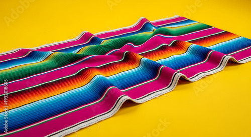 Vibrant Mexican Serape Blanket with Colorful Stripes on Bright Yellow Background