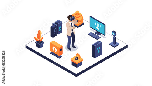 Immersive virtual reality experience in a modern office with isometric design