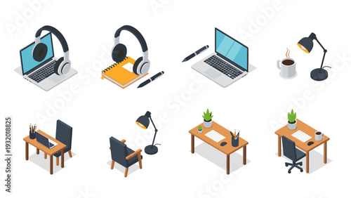 Isometric workspace set with laptops, headphones, desks, and office accessories