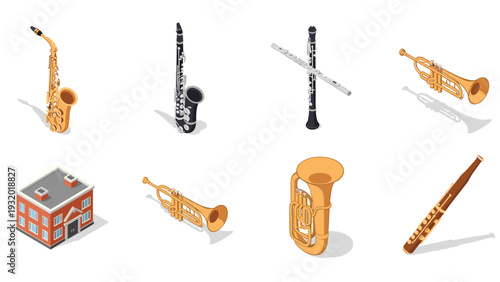 Isometric musical instruments collection featuring saxophone, trumpet, clarinet, and more