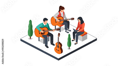 Isometric music session with three people playing acoustic guitars outdoors