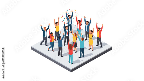 Celebrating group of diverse people in isometric design with confetti