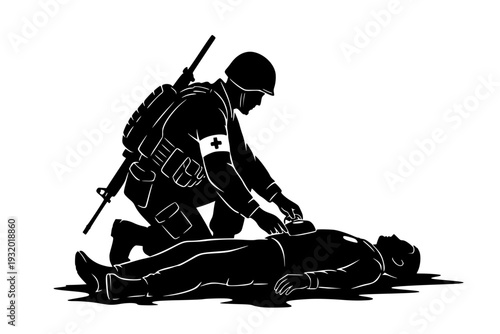 Military Medic Providing First Aid on Battlefield Silhouette Vector for Combat Lifesaver and Valor Concept