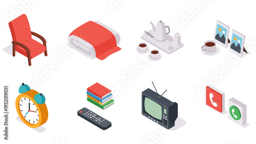 Isometric icons of household items: furniture, linens, appliances, and decor