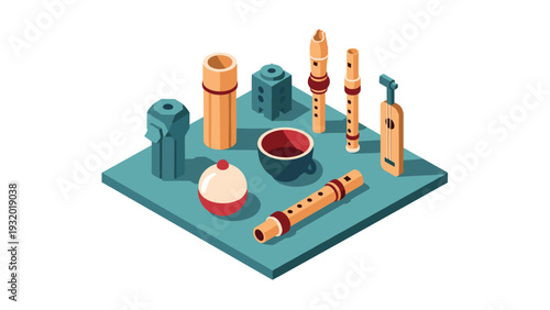 Isometric wooden flutes and musical instruments with coffee on a blue platform