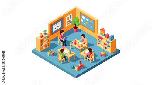 Isometric classroom scene with children engaged in creative activities