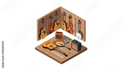 Isometric music room with acoustic instruments and amplifiers on wooden floor