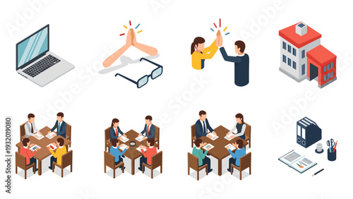 Diverse isometric office scenarios with teamwork, technology, and business concepts